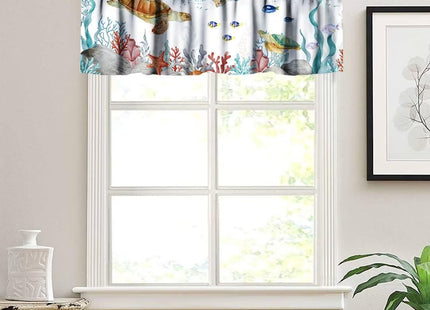 JanJCurt Sea Turtle Window Valance, Teal Blue Ocean Underwater Animal Starfish Fish Nautical Coastal Rod Pocket Short Curtain Valance for Living Room Bathroom Kitchen, 54x18in