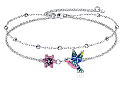 Hummingbird Anklet for Women Sterling Silver Hummingbird and Daisy Flower Double Chain Ankle Bracelets Layered Link Chain Anklets Jewelry Gifts
