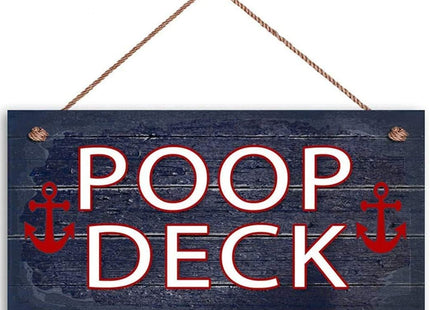 Nautical Wood Sign Fun Poop Deck Sign Weathered Navy Blue Bathroom Nautical Sign Beach Decor with Red Anchors 12x6inches(1061qq)