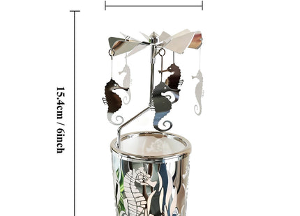 Qtnuerm Metal Rotary Candle Holder Spinning Windmill Tea Light Carousel Decor for Home & Gifts (Silver Seahorse)