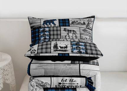 Hunting Wolf Bear Deer Moose Comforter Set For Kids Boys Retro Blue Black Grey Plaid Buffalo Plaid Lodge Quilt Comforter Full Rustic Farmhouse Cabin Bedding Set Woodland Animal Duvet Set 3 Pcs