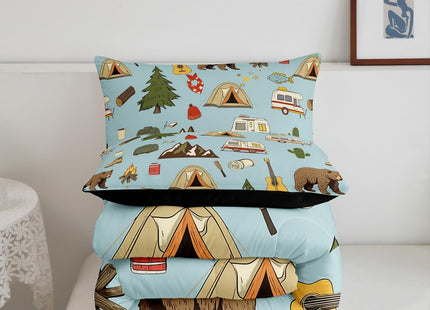 Camper Bedding for Travel Trailers Bunk, Happy Camping Comforter Set for Kids Boys Girls, Pine Tree Bear Duvet Insert, Camper Accessories Bedding Comforter Sets, Travel Car Down Comforter, 2Pcs Twin
