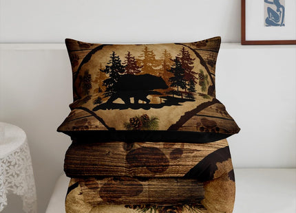 Lodge Cabin Bedding Set Queen Size 3 Pcs,Bear Wild Animal Silhouette Print Comforter Set for Kids Teens Adults,Jungle Pine Trees Brown Wooden Stripes Rustic Quilted Comforter with 2 Pillowcases