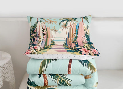Manfei Beach Surfing Comforter Set 2Pcs Coastal Style Twin Size Bedding Set Beach Coconut Tree Duvet Insert for Kids Boys Girls Adult Room Decor(1 Comforter,1 Pillowcase) Pink