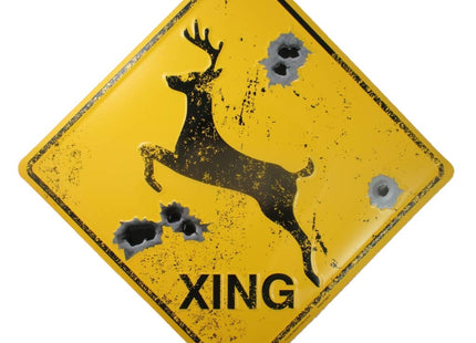 Joyingle DEER CROSSING SIGN Metal/BULLET HOLES/Rustic Hunting Cabin Lodge Street Road Decor new