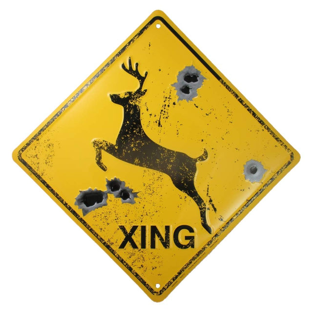 Joyingle DEER CROSSING SIGN Metal/BULLET HOLES/Rustic Hunting Cabin Lodge Street Road Decor new