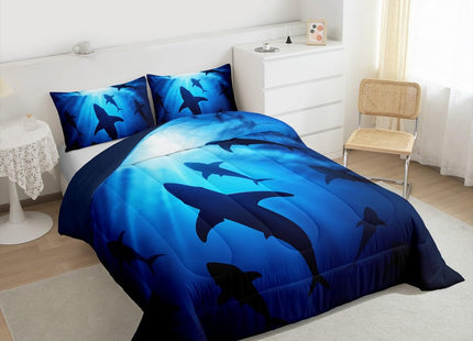 Erosebridal Marine Life Comforter Set Ocean Theme Bedding for Boys Girls, Deep Sea Wildllife Bedding Comforter Sets Whale Killer Shark Duvet Insert, Nautial Hunting Fishing Quilted Comforter Navy 3pcs