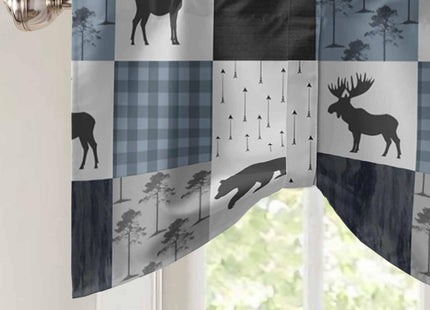 Retro Countryside Bear Moose Tie Up Curtain Valance for Windows/Living Room/Kitchen/Bathroom Farmhouse, Grey Blue Buffalo Plaid Short Rod Pocket Rustic Cabin Curtain Window Treatment, 1 Panel 54x18