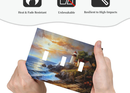 Spshian Light Switch Cover Plate Nautical Lighthouse Oil Painting Sunset Coastal 3 Gang Switch Plate Covers Triple Toggle Decorative Wall Plates Electrical Faceplate for Bathroom Bedroom Decor