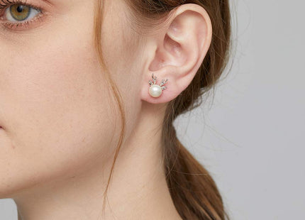 Silver Deer Reindeer Stud Earrings for Women 925 Sterling Silver Deer Pearl Earrings 8mm Deer Christmas Jewelry Han han