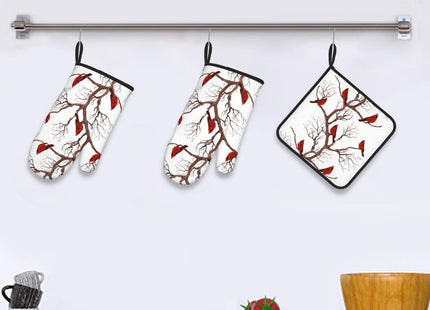 Winter Cardinal Birds Oven Mitts and Pot Holders Sets of 3 Hot Pads