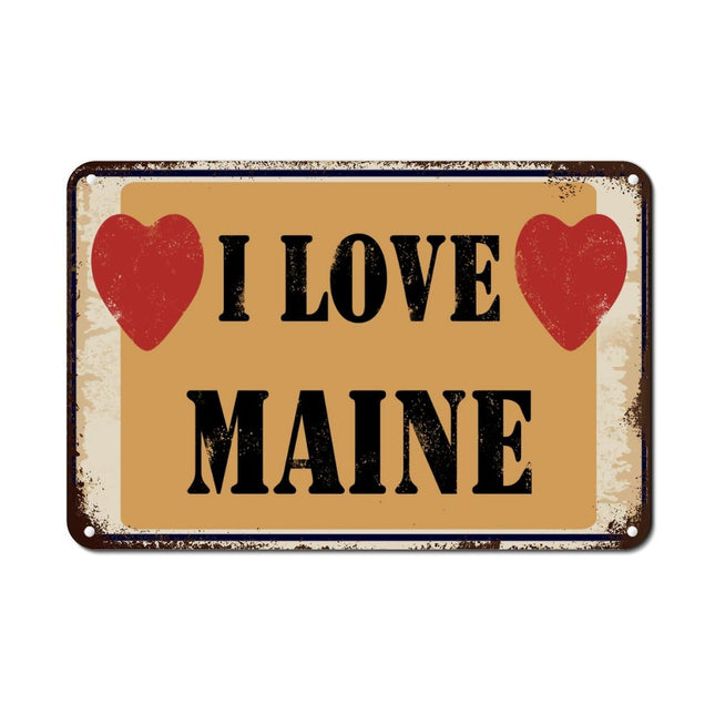 Woguangis Metal Tin Signs Maine State USA States Red Heart Plaque I Love Maine Porch Decor Metal Plaque Retro Aluminum Sign for Kid Room Living Room Kitchen Front Porch 18x12in