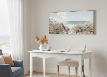 Beach Canvas Framed Wall Art: Large Coastal Seascape Picture Decor Ocean Scene Sea Print Painting Modern Seaside Seashore Grass Artwork for Bedroom Living Room Office