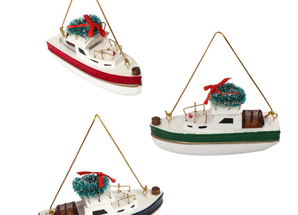 NAUTIMALL Christmas Hanging Lobster Boat Ornaments, 4 Inch Wooden Nautical Ship Decorations, White and Red/Green/Navy, Set of 3, Sailboat Decor