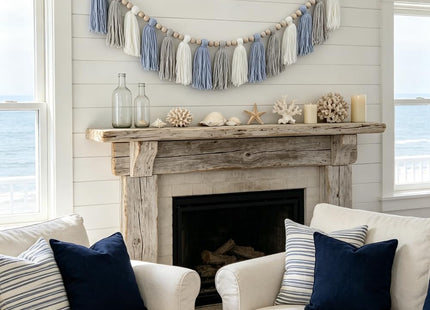 DrCor Coastal Blue White Tassel Garland – Boho Decor