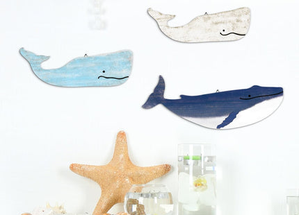 Putuo Decor Blue And White Whale Beach Wall Decor Wooden Nautical Decor Rustic Whale Wall Pediments Set 3 Piece Ocean Hanging Decor For Living Room Bedroom Bathroom