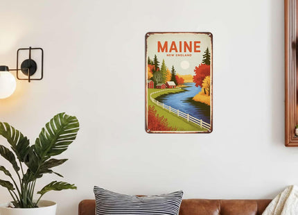 Maine Travel Poster Tin Sign Rustic New England Wall Decor (8X12 IN)