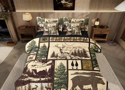 Feelyou Deer Bed in a Bag Full Size Bear Comforter Set 7 Pieces Wild Animal Rustic Cabin Country Western Decor Tree Bedding Set Room Decor Brown Plaid Bed Set with Comforter, Sheet Set, Pillowcases