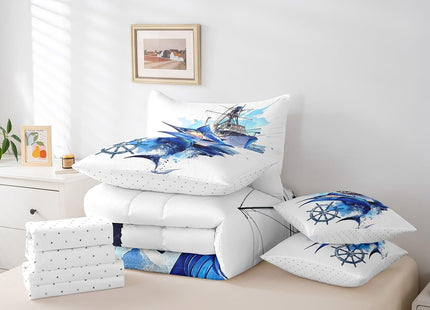 Feelyou Blue Big Pike Fishing Comforter Set with Sheets Summer Hunting and Fishing Ocean Themed 7 Piece Bedding Set Kids Boys Sailboat Compass Bass Big Fish Bed in a Bag Independence Day Queen Size