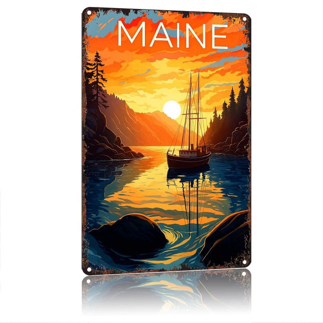 Vintage MAINE Landscape Aluminum Sign, Retro Nautical Sunset Boat Wall Art Decor, 12x8 Inches Waterproof Metal Tin Sign for Home Cabin Garage Bar Coffee Shop Outdoor Decoration