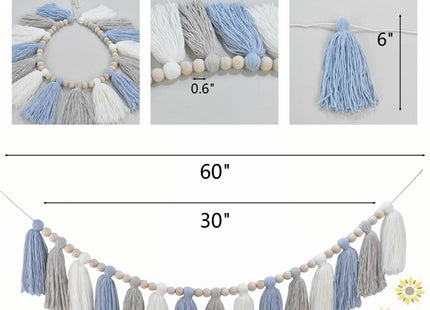 DrCor Coastal Blue White Tassel Garland – Boho Decor