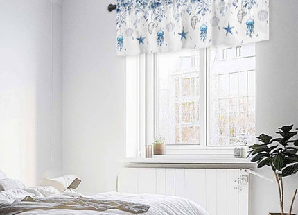 Blue Coastal Curtain Valances for Windows, Eucalyptus Leaf Kitchen Valance Window Treatment, Spring Beach Starfish Light Filtering Block Curtains for Bathroom/Bedroom/Living Room 54'' x 18''