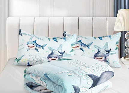XYNHML Boys Blue Ocean Shark Comforter Set Full Size Shark Starfish Bedding Sets Seaweed Quilt Bed Set for Kid Girls with 1 Comforter and 2 Pillowcases
