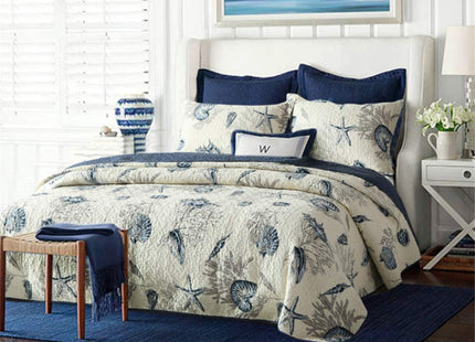 ABREEZE Nautical Theme Quilt Set with Shams Cotton Beach Bedspreads King Coastal Navy Coverlet, Sea Shell Conch Coral Starfish Oversized Quilt