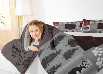 Castle Fairy Black Bear Comforter Set Twin,Hunting and Adventure Bedding Set Wild Deer Animal Quilt Set for Kids Teens Adults Room Decor Rustic Cabin Plaid Duvet Insert with 1 Pillowcase Grey and Red