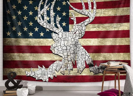 DYNH American Flag Hunting Deer Tapestry, Western Red and White Country Deer Wall Hanging Home Decoration, Rustic Tapestries Poster Blanket College Dorm Home Decor,60X40In