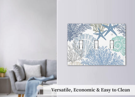 Coral Starfish Shells Seashell 3 Gang Light Switch Plate Decorative Triple Toggle Wall Plate Cover Electrical Faceplate for Bathroom Home Living Room Bedroom Decor