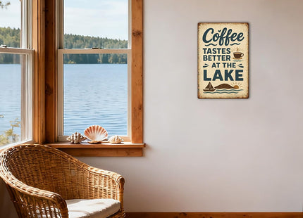 Coffee Tastes Better At The Lake Metal Sign - Lake House Decor for The Home Coffee Decorations Lake Life Gifts Lakehouse Wall Art Cabin Decor Signs 8×12 Inch