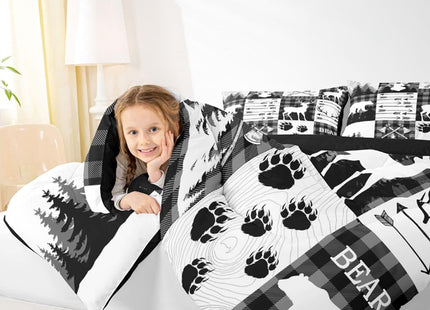 Erosebridal Rustic Patchwork King Comforter Set for Boys,Black White Grey Plaid Animal Kids Comforter Hunting Bear Deer Quilt Set for Teen Men,Country Farmhouse Lodge Wildlife Bed Set 2 Pillow Cases