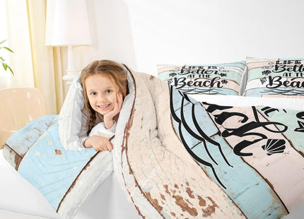 Summer Beach Comforter Set Twin Size,Starfish Shell Lake Life Bedding Set 2pcs for Kids Boys Girls Adults,Old Wooden Plank Rustic Cabin Down Comforter,Teal Beige Retro Duvet Insert,1 Pillowcase
