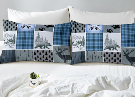 Rustic Farmhouse Sheet Set Queen, Retro Cabin Lodge Fitted Sheet Country Bear Deer Bed Sheets For Kids Teens Adult Men, Hunting Wild Animal Plaid Checkered Flat Sheet 4Pcs With 2 Pillow Cases,Blue