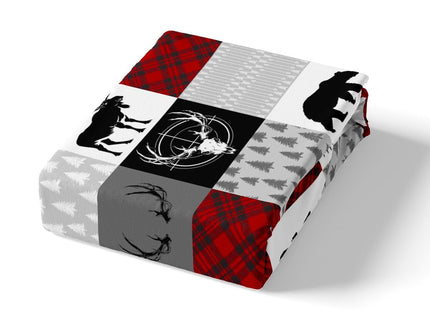 Plaid Deer Bear Bed Sheet Set Twin Size,Wild Animal Arrow Hunting Antler Patchwork Fitted Sheet with 1 Flat + 1 Pillow Sham,Rustic Red Buffalo Grid Bedding Set for Kids Boys Bedroom Decor