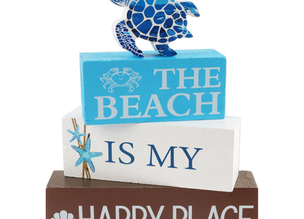 4 Pcs Summer Beach Table Decor Starfish Coastal Wooden Block Sign Sea Turtle Table Centerpieces Summer Tiered Tray Decor Nautical Beach Decorations for Home Kitchen Shelf Mantel Farmhouse