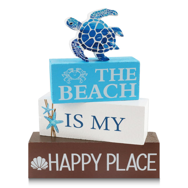 4 Pcs Summer Beach Table Decor Starfish Coastal Wooden Block Sign Sea Turtle Table Centerpieces Summer Tiered Tray Decor Nautical Beach Decorations for Home Kitchen Shelf Mantel Farmhouse