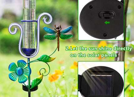 HOBYLUBY Solar Rain Gauge Outdoor with Dragonfly Decor