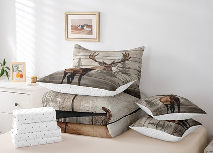 Erosebridal 7 Pcs Moose Bedding Set Queen Western Cabin Lodge Comforter Set Country Woodland Wildlife Bed in a Bag Farmhouse Jungle Pine Tree Quilt with Flat Fitted Sheet Rustic Style Home Decor