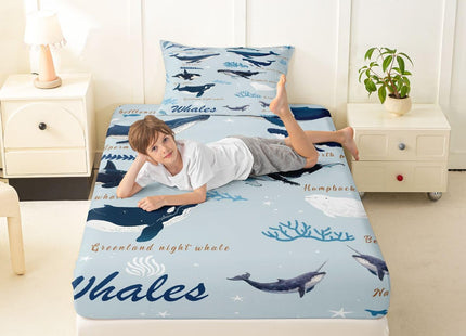 Whale Fitted Sheet Twin for Kids Boys Girls, Coastal Animal Bedding Set, Beach Ocean Creatures Under The Sea Bed Sheets, Nautical Sea Life Whale Bed Set