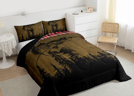 Erosebridal Ocean Animal Comforter Queen Bass Fish Silhouette Bedding Set, Fishing Duvet Insert Brown and Black Quilt Sets, Red Grid Lattice Bedding Comforters & Sets Wildlife Room Decorative 3 Pieces