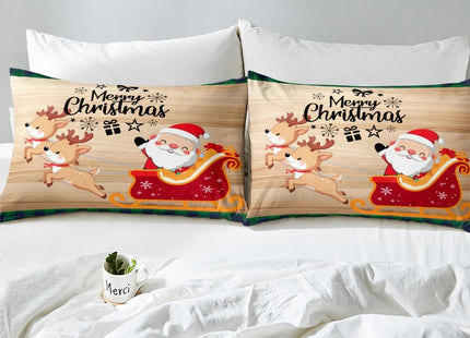 Merry Christmas Bedding Set Twin Size Cute Santa Claus Deer Duvet Cover Set 2Pcs,Black Green Xmas Grid Comforter Cover Kids Girls Boys Room Decor,Brown Rustic Wood Board Quilt Cover,1 Pillowcase