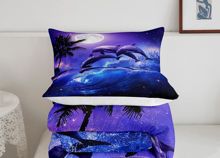 Castle Fairy Dolphin Comforter Set for Boys Girls Kids Teens,3-Pieces Ocean Waves Bedding Comforter Full Size,Moonlight at Night Printed Quilt Set with 2 Pillowcases