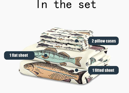 LUVIVIHOME 4PCS Fishing Sheets Set, Full Bed Sheets, Hunting Lodge Country Rustic Farmhouse Pike Bass Fish Bedding, Fishing Gifts for Men Teen Boys, 1 Fitted Sheet & 1 Flat Sheet with 2 Pillowcases