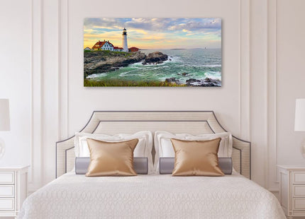 tigeridge Portland Head Light Wall Art Sunset Lighthouse Canvas Wall Art for Living Room Ocean Canvas Pictures Seascape Artwork Canvas Prints Office Home Wall Decor Framed Ready to Hang 20" x 40"