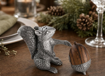Vagabond House Pewter Squirrel with Wood Acorn Salt and Pepper Shaker Set Fall Harvest Tableware 3 inch Tall