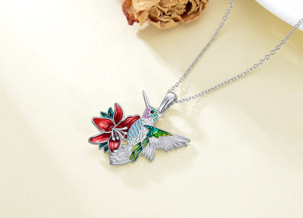 PEIMKO Hummingbird Necklace Enamel Hummingbird Pendant Necklace Sterling Silver Cute Aniamal Bird Necklace with Flower Bird Pendant for Women