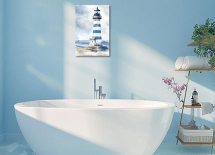 AWPANERAR Lighthouse Pictures Wall Art Nautical Bathroom Canvas Print Lighthouse and Cabin Painting Coastal Seascape Artwork Beach Poster Home Decor Framed (Blue, (18L x 12W))