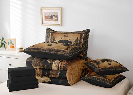 Feelyou Kids Rustic Bear 7 Piece Bedding Set Twin Size Farmhouse Forest Animal Black Bear Comforter Set with Sheets Boys Girls Hunting Country Brown Bed in a Bag